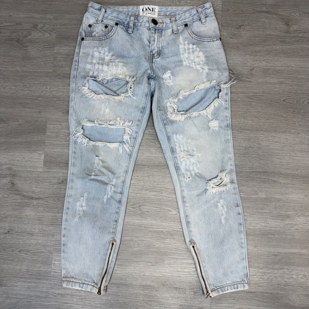 One Teaspoon Trashed Free Birds Distressed Ankle Zip Skinny Jeans Light Wash 27